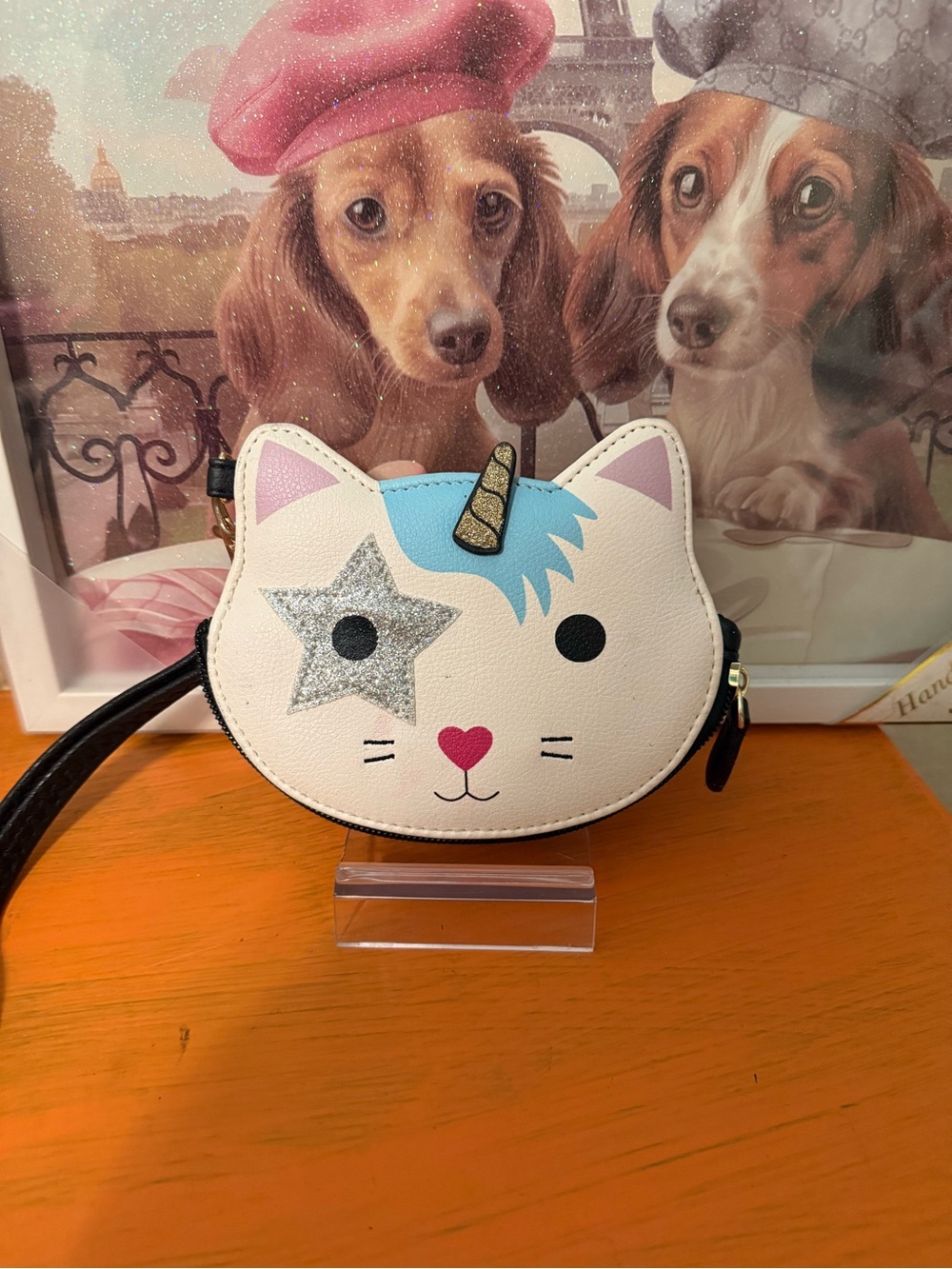 Cute White Cat Unicorn Crossbody Bag with Blue Accent